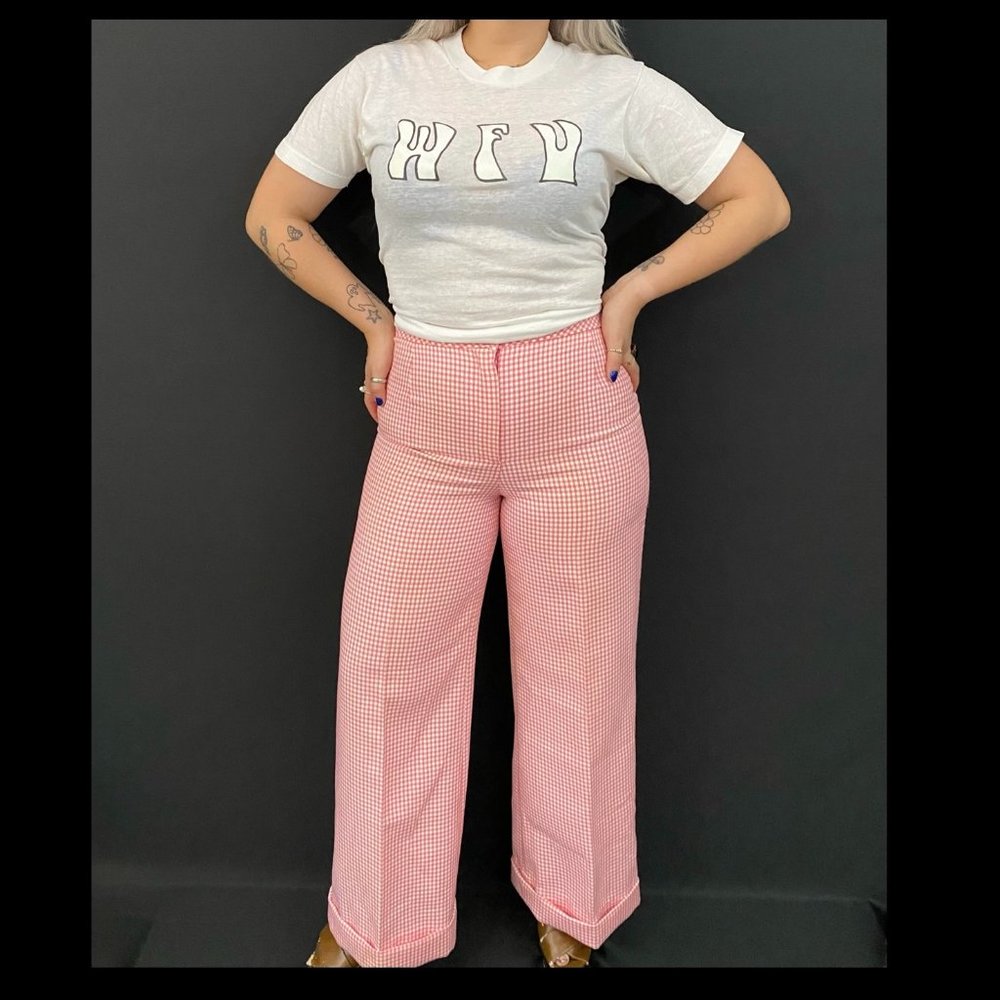 70s The Villager Pink Gingham Wide Leg Pants